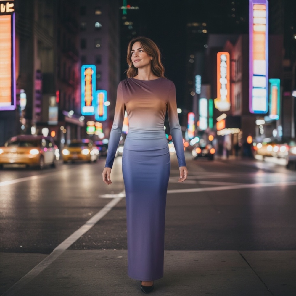 Women's Gradient Long Sleeve Maxi Dress – Elegant Ombre Evening Dress Chic - NWT